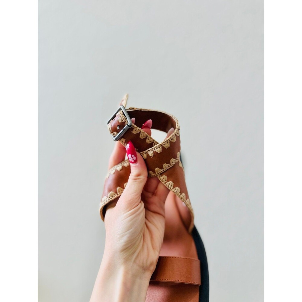 a.n.a Cognac Whipstitch Ankle Wrap Flat Sandals Women's Size 9 NWT Boho - Picture 3 of 4